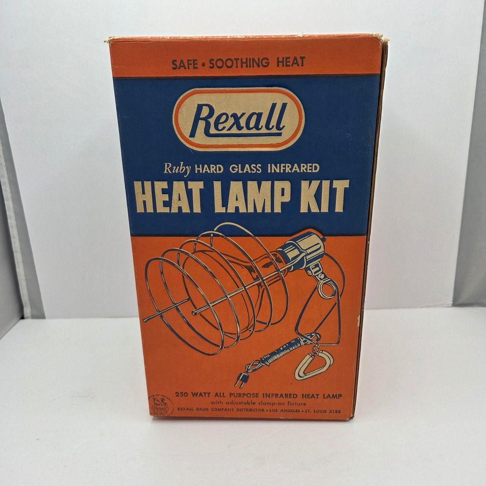 Rexall Vintage Infrared Heat Lamp Kit Ruby Hard Glass 250W Clamp Fixture Box